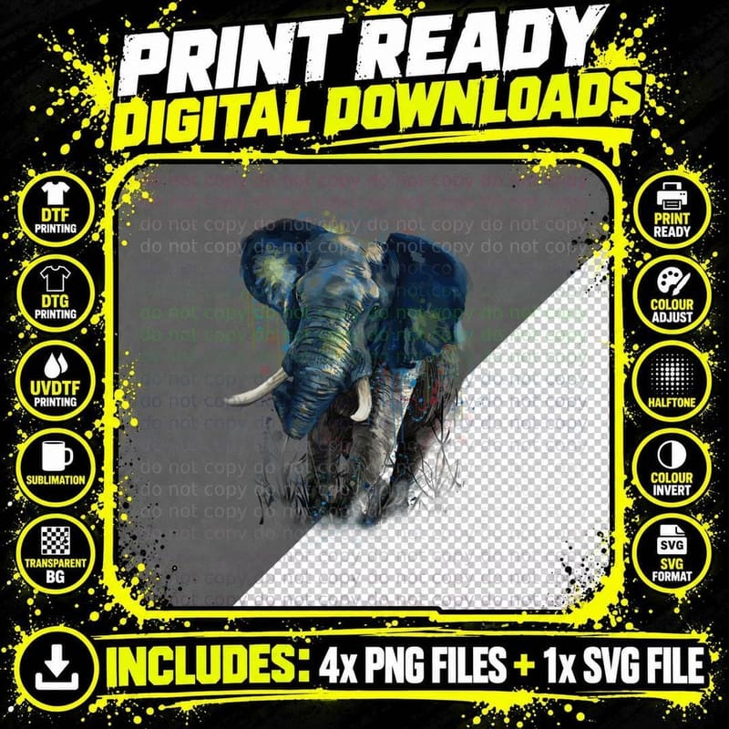 Elephant Watercolor Art T-Shirt, Wildlife Art Print Png SVG Digital Bundle