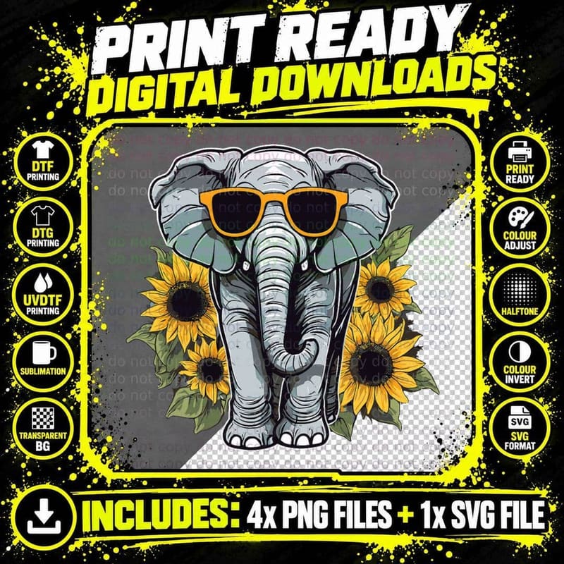 Elephant with Sunglasses and Sunflowers T-Shirt Png SVG Digital Bundle
