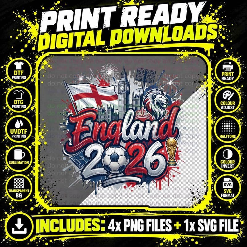England 2026 Flag St George Cross Big Ben Lion Head Png SVG Digital Bundle