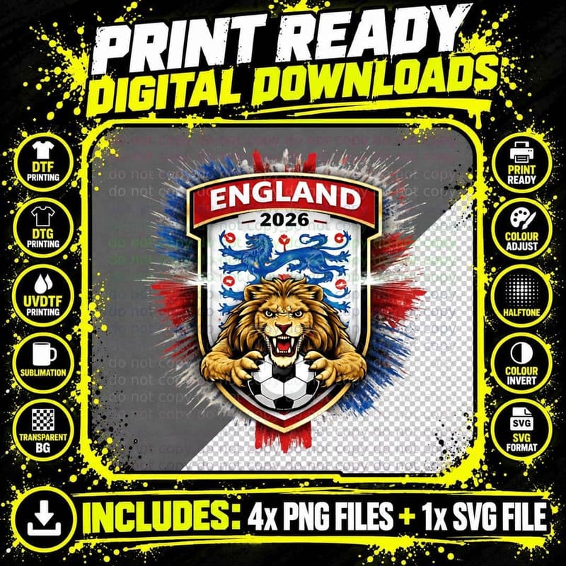 England 2026 Lion Mascot Shield Crest Three Lions Png SVG Digital Bundle