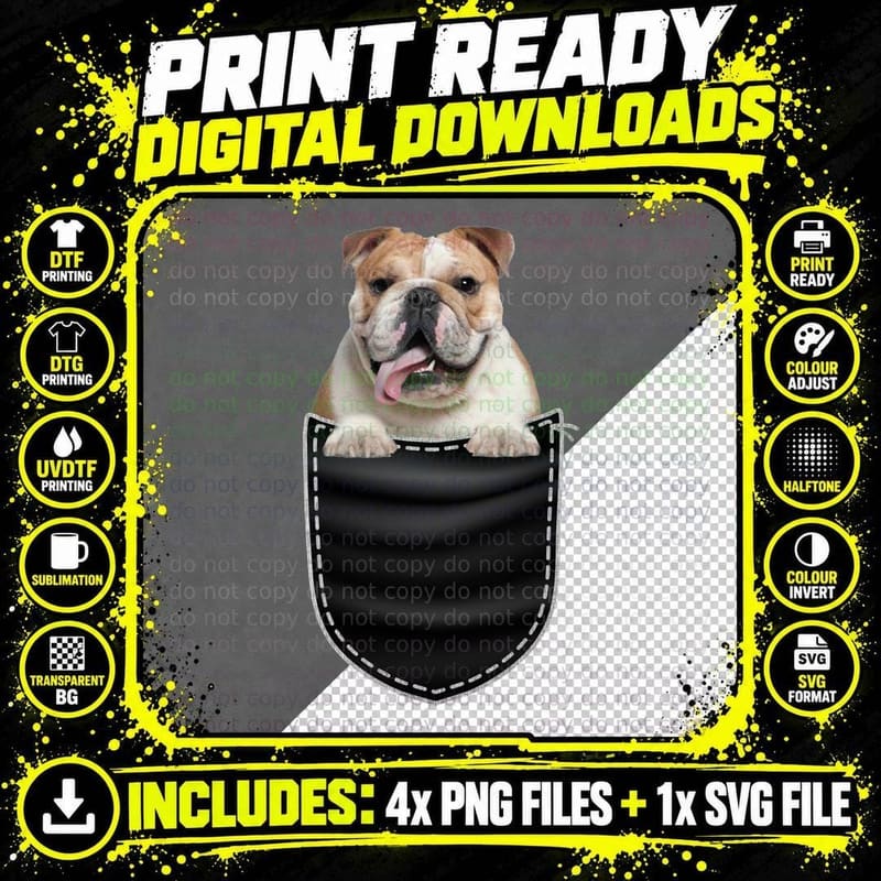 English Bulldog T-Shirt, Pocket Pals Style Png SVG Digital Bundle