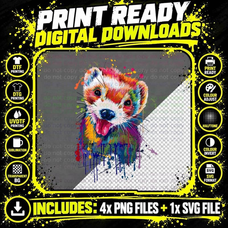 Ferret Face Graphics Hand Drawn Splash Art Ferret Pet Png SVG Digital Bundle