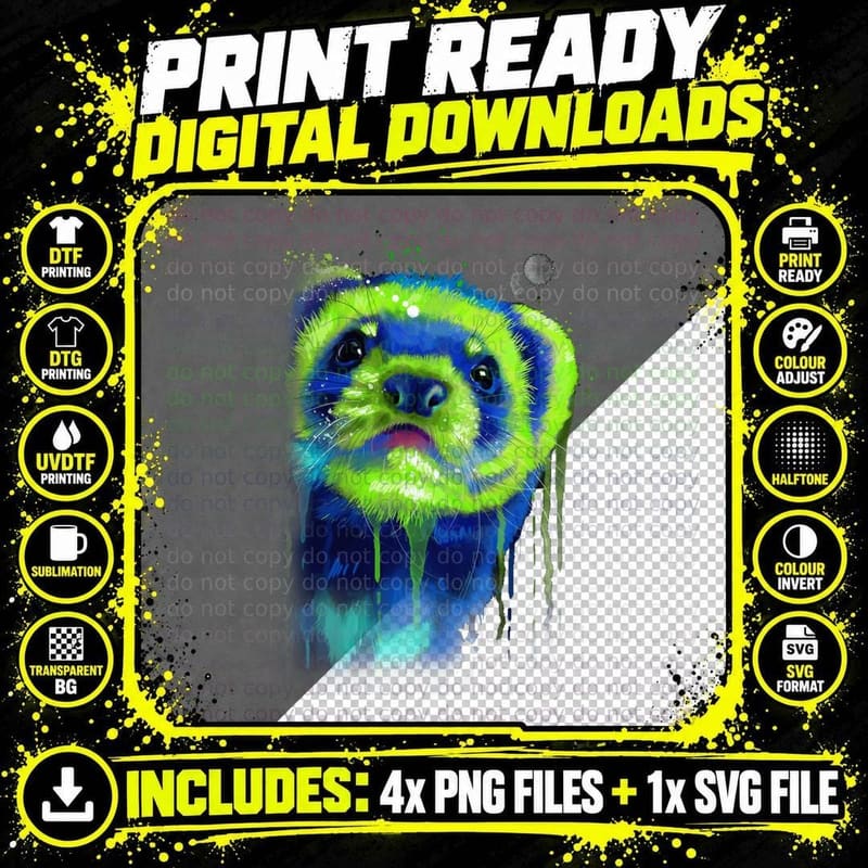 Ferret T-Shirt, Neon Pop Art, Pet Lover Apparel Png SVG Digital Bundle