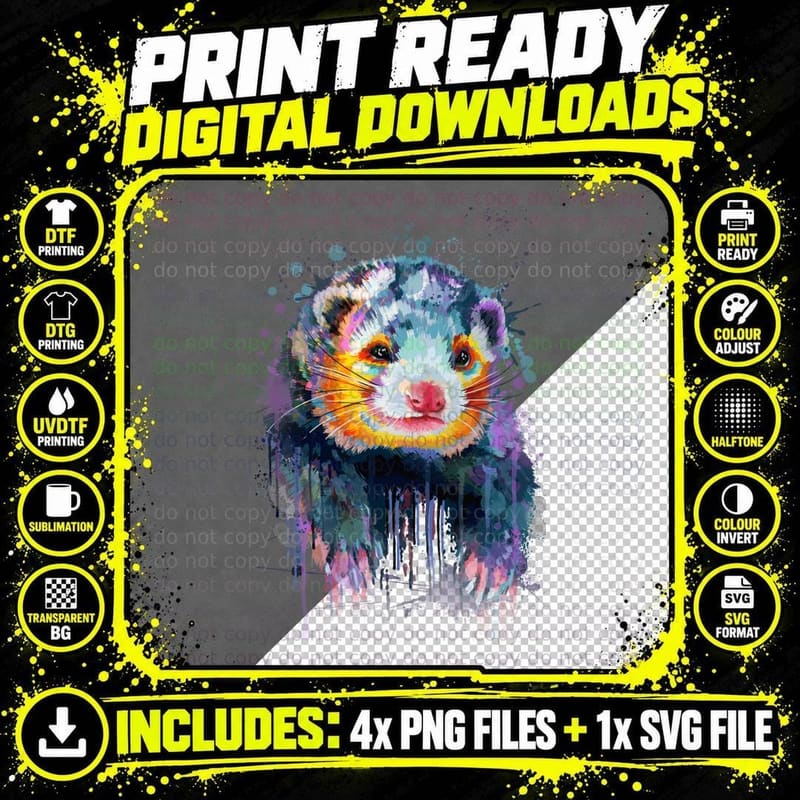 Ferret Watercolor Art T-Shirt, Animal Art Print Png SVG Digital Bundle