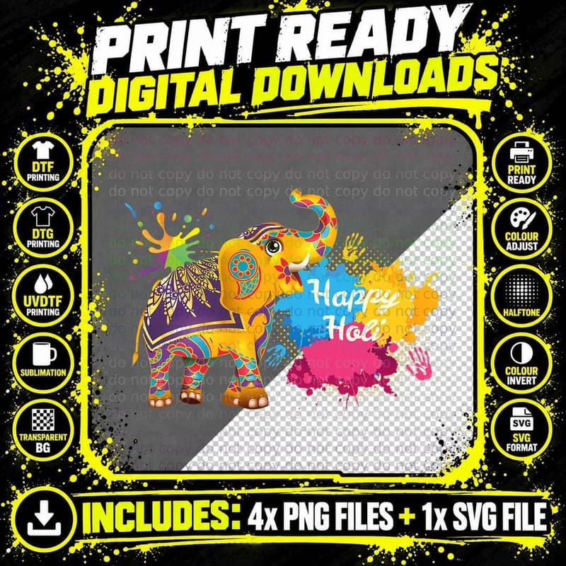 Festival Colorful Elephant Color India Png SVG Digital Bundle