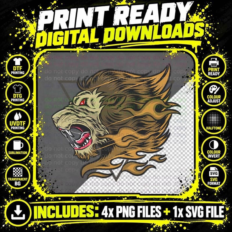 Fierce Lion Head with Orange Flames Powerful Wild Animal Png SVG Digital Bundle