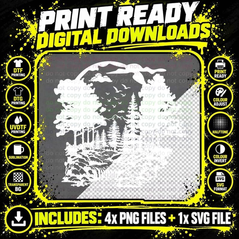 Forest Landscape with Waterfall and Birds Landscape Png SVG Digital Bundle