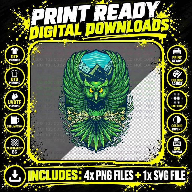 Forest Owl Green with Large Wings in Setting Nature Png SVG Digital Bundle