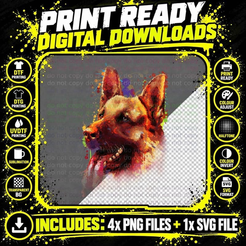 German Shepherd T-Shirt, Colorful Artistic Print Png SVG Digital Bundle