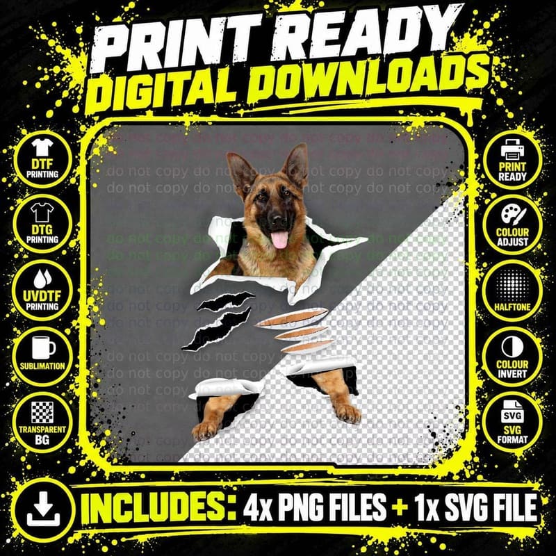German Shepherd T-Shirt, Ripped Paper Effect Png SVG Digital Bundle