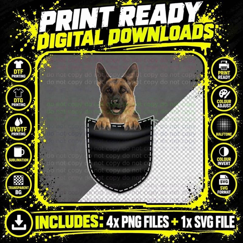 German Shepherd in Pocket T-Shirt, Pet Lover Apparel Png SVG Digital Bundle