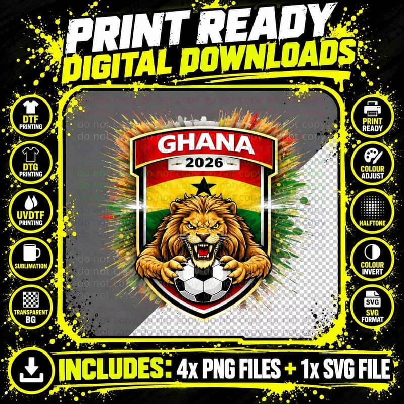 Ghana 2026 Lion Mascot Shield Crest Flag Black Star Png SVG Digital Bundle