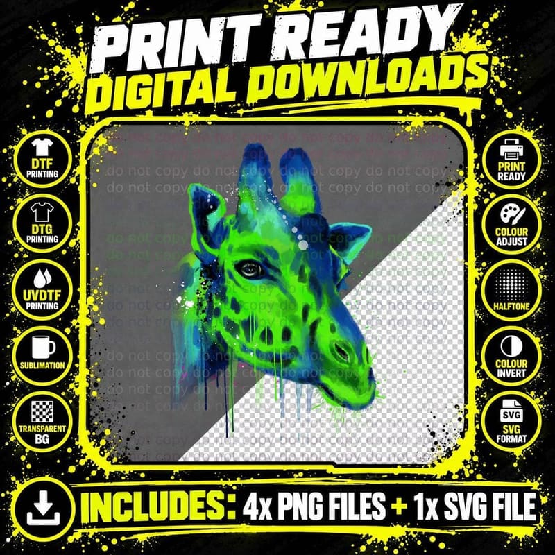 Giraffe Shirt, Line Art, Energetic Colors Png SVG Digital Bundle