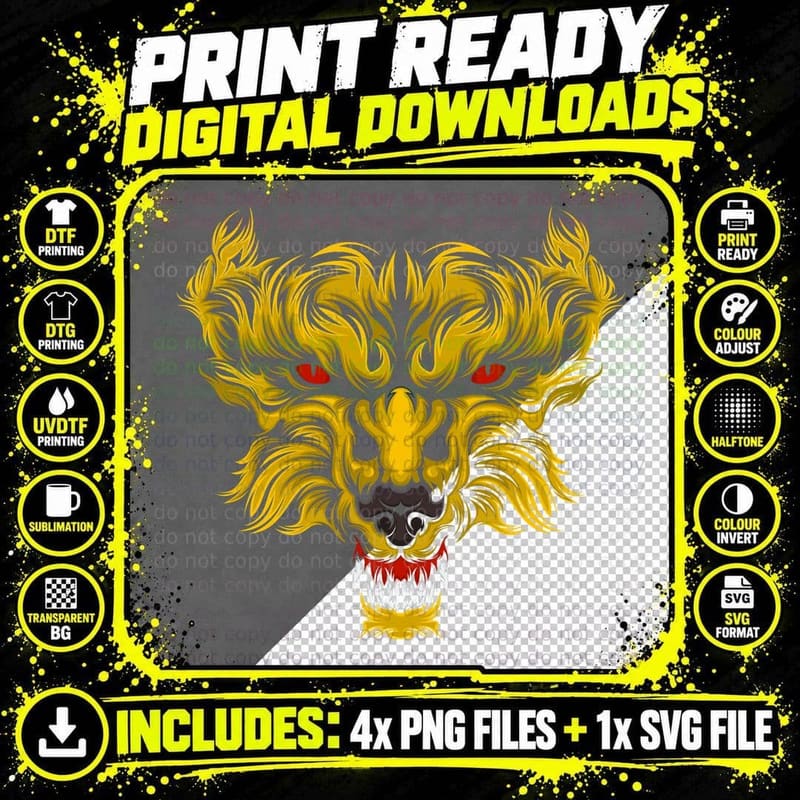 Golden Demon Lion Mane Red Eyes Teeth T-Shirt Png SVG Digital Bundle