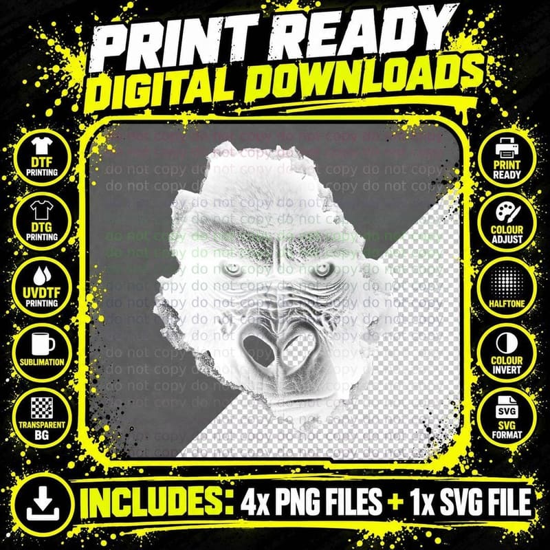 Gorilla Face Wall Animal Print Art Animal Lover Gorilla Png SVG Digital Bundle