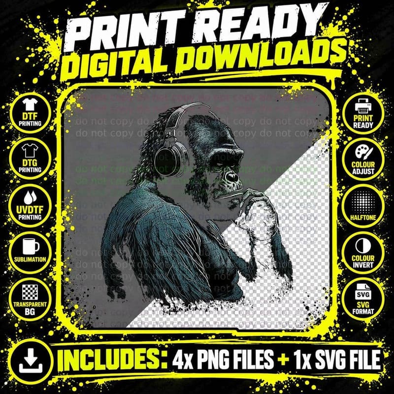 Gorilla Music Artwork Monkey Art Animal T-Shirt Png SVG Digital Bundle
