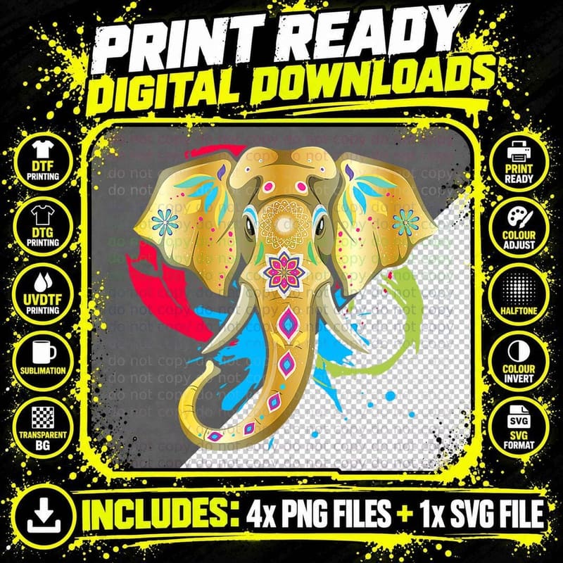 Happy Holi Colors India Hindu Spring Elephant Art T-Shirt Png SVG Digital Bundle