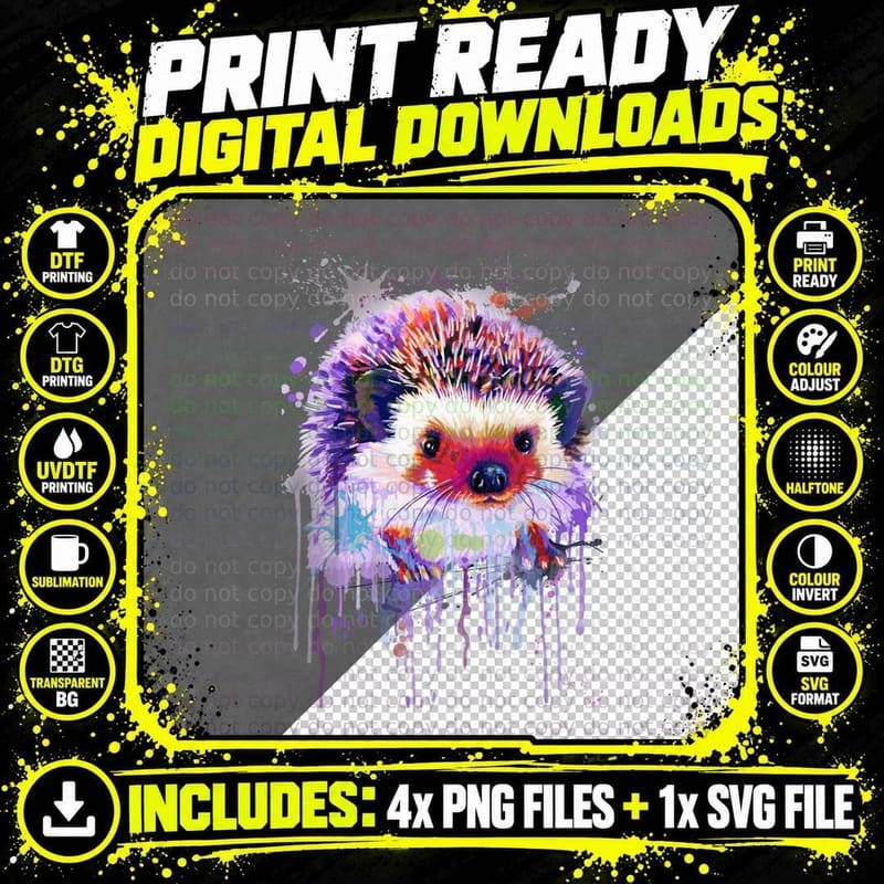 Hedgehog T-Shirt, Colorful Splash Art Png SVG Digital Bundle