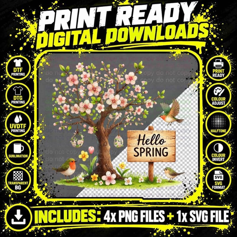 Hello Spring T-Shirt, Blossoming Tree with Birds Graphic Png SVG Digital Bundle