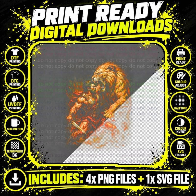 Heracles Lion T-Shirt, Halftone Greek Hero Battle Png SVG Digital Bundle
