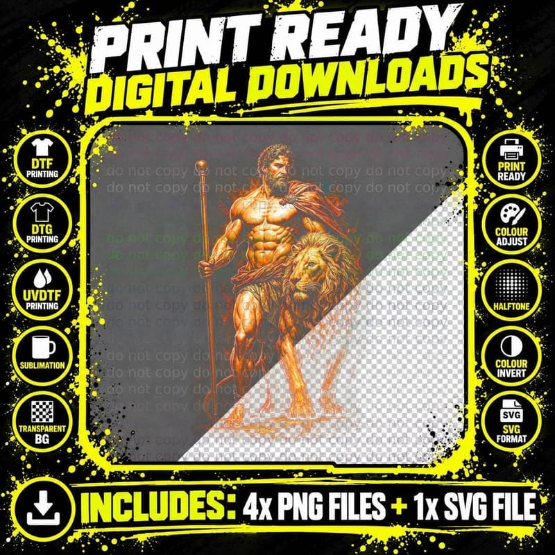 Heracles Warrior T-Shirt, Halftone Greek Hero Nemean Png SVG Digital Bundle