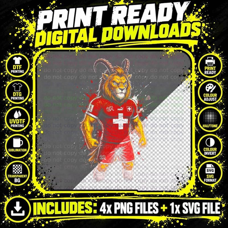 Horned Lion Switzerland Footballer Head Red White Cross Png SVG Digital Bundle