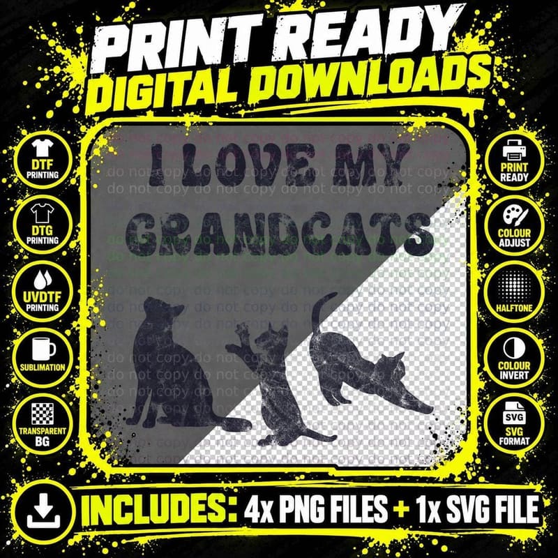 I Love My Grand Cats Feline Animals Black T-Shirt Png SVG Digital Bundle
