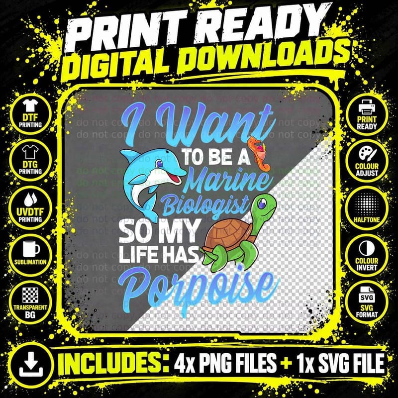 I Want to Be a Marine Biologist Pun Sea Turtle Lover Png SVG Digital Bundle