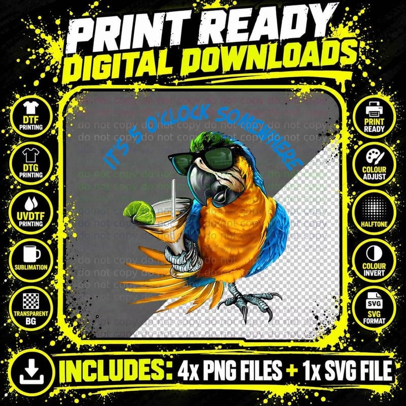 It Is 5 O'clock Somewhere Drinking Parrot T-Shirt Png SVG Digital Bundle