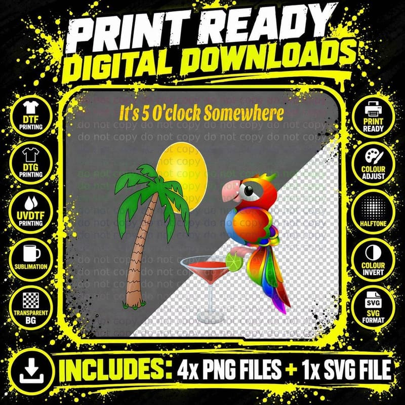 It's 5 O'clock Somewhere Drinking Parrot T-Shirt Png SVG Digital Bundle