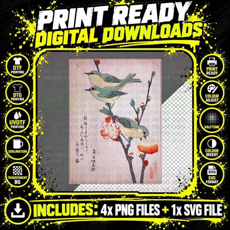 Japanese Art Birds on Cherry Blossom Japanese Png SVG Digital Bundle