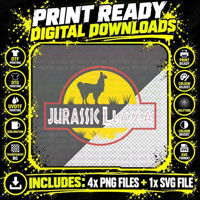Jurassic Llama T-Shirt, Prehistoric Animal Print Png SVG Digital Bundle