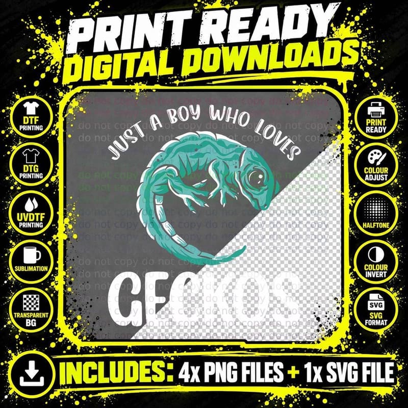 Just a Boy Who Loves Geckos Lizard Lover Reptile Png SVG Digital Bundle