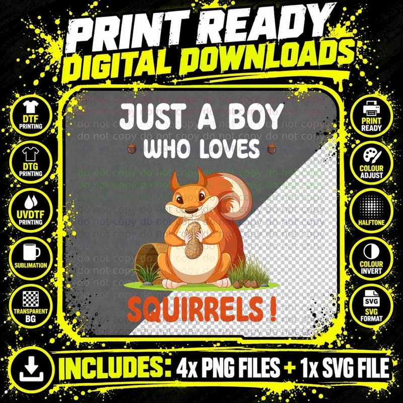Just a Boy Who Loves Squirrels Animal Lover for Toddler Png SVG Digital Bundle