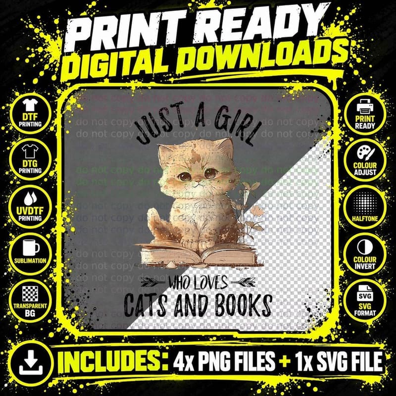 Just a Girl Who Loves Cats and Books Png SVG Digital Bundle