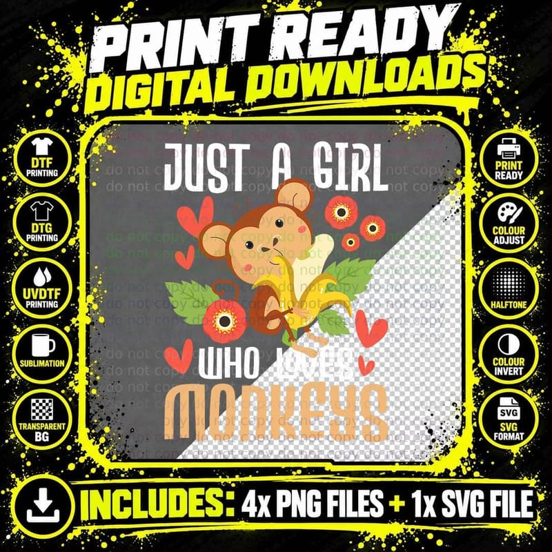 Just a Girl Who Loves Monkeys - Safari Monkey Primate Png SVG Digital Bundle