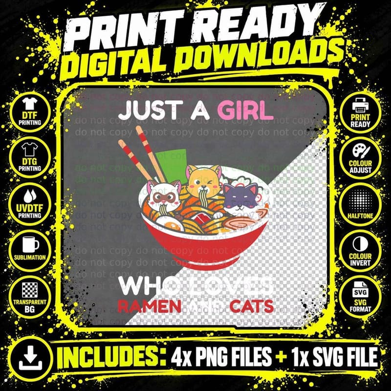 Just a Girl Who Loves Ramen and Cats T-Shirt Png SVG Digital Bundle