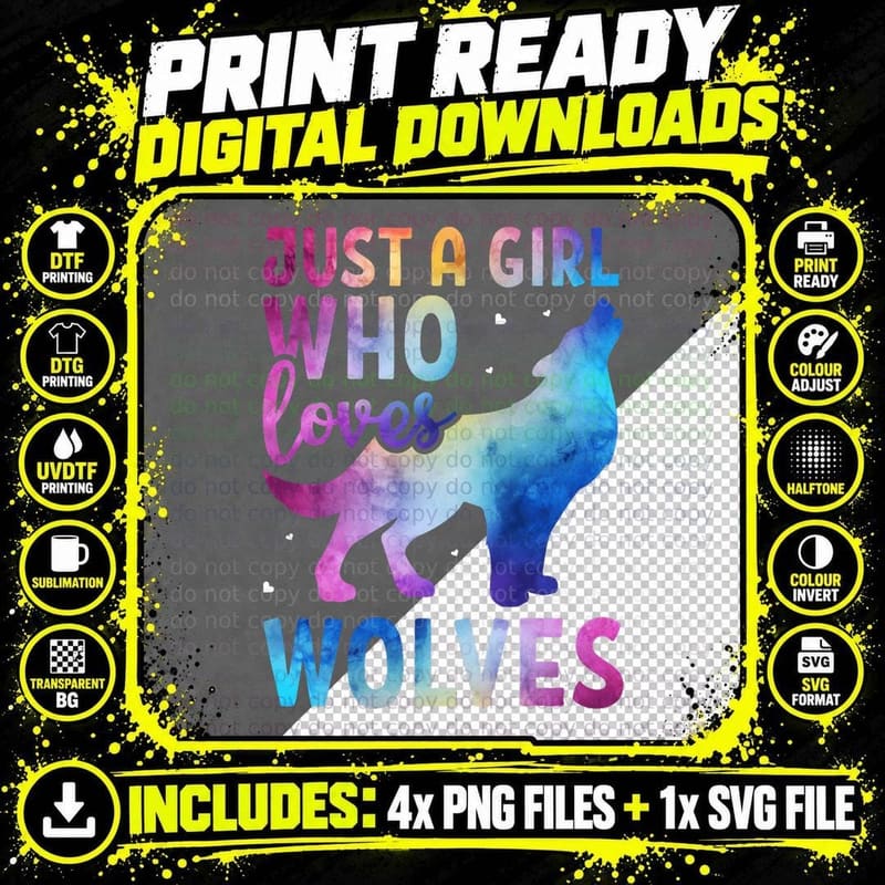 Just a Girl Who Loves Wolves Watercolor Cute Animal Png SVG Digital Bundle