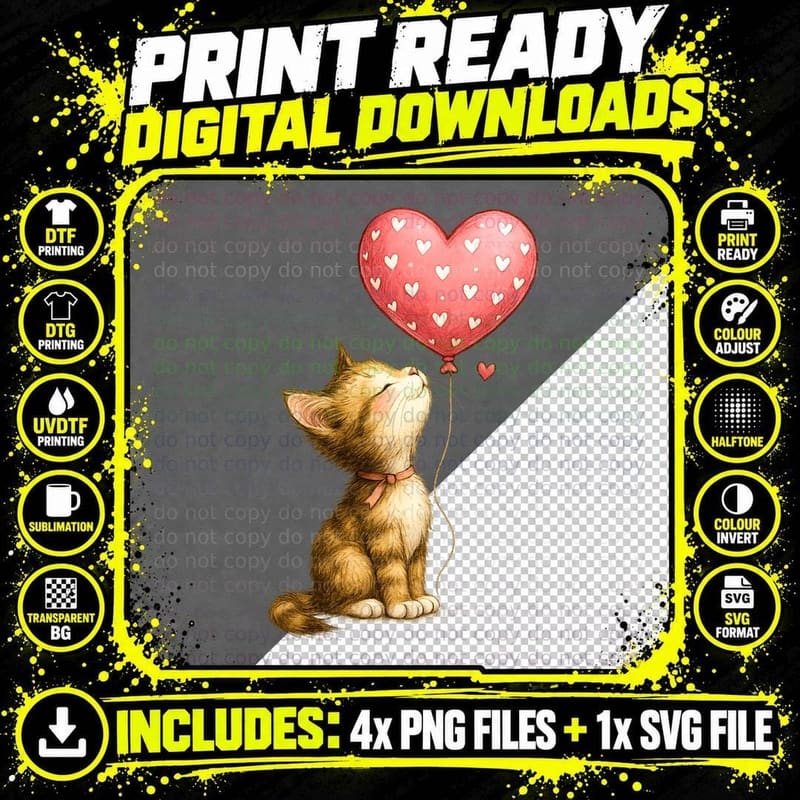 Kitten Orange with Red Heart Balloon T-Shirt Png SVG Digital Bundle