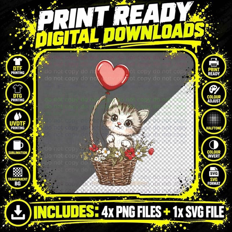 Kitten in Basket with Heart Balloon Mothers Day T-Shirt Png SVG Digital Bundle