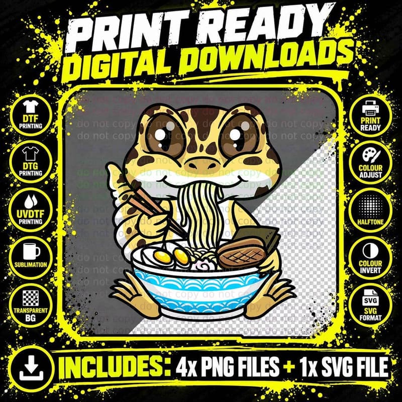 Leopard Gecko Eating Ramen Noodle Japanese Lizard Men Png SVG Digital Bundle