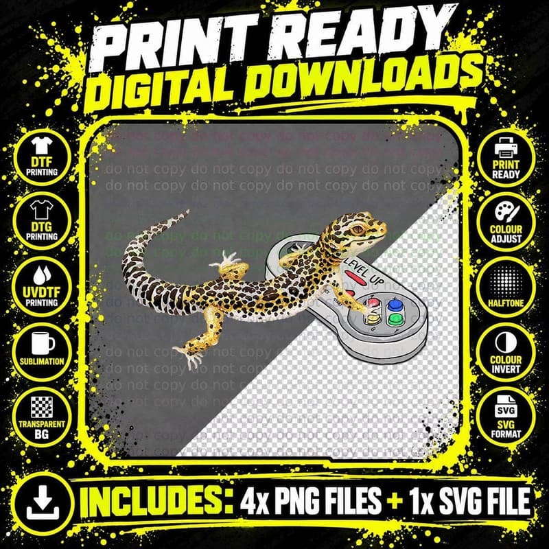 Leopard Gecko Playing Video Game Lizard & Reptiles Png SVG Digital Bundle