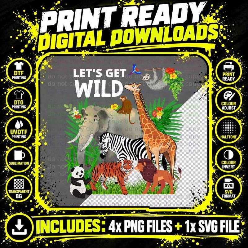 Let's Get Wild Animals T-Shirt, Jungle Animals Elephant Png SVG Digital Bundle