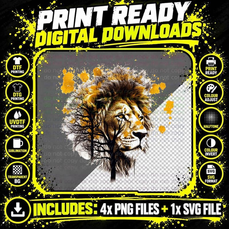 Lion Artwork Tree Colourful Animal Motif Lion T-Shirt Png SVG Digital Bundle