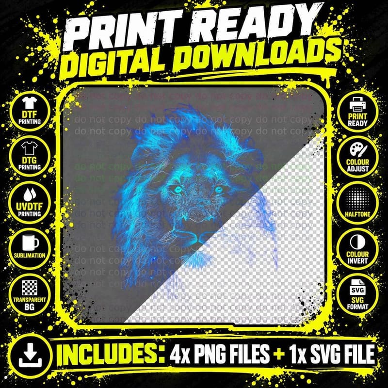 Lion Blue Glowing Halftone Face Abstract T-Shirt Png SVG Digital Bundle