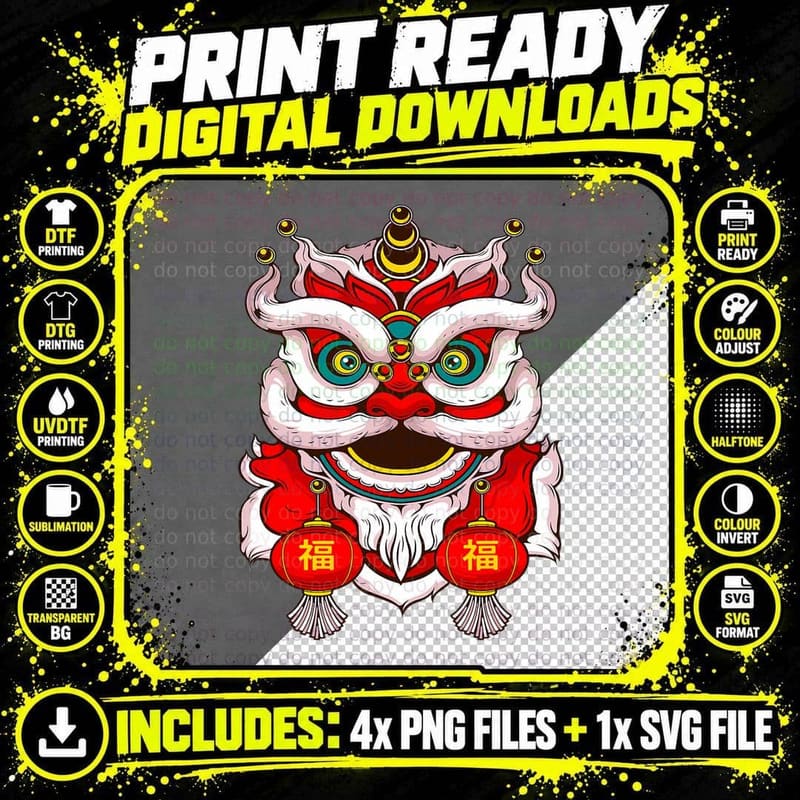 Lion Dance Head - Happy Chinese New Year - Year of the Png SVG Digital Bundle