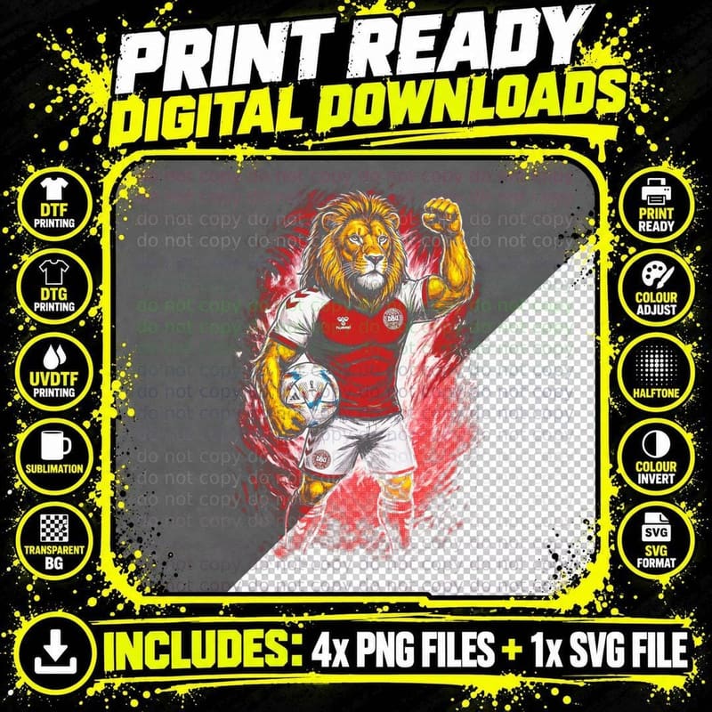 Lion Footballer Mascot Denmark White Red Kit Hummel Logo Png SVG Digital Bundle