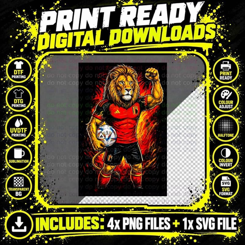 Lion Footballer Red-Black Belgium Kit Fire Background Png SVG Digital Bundle