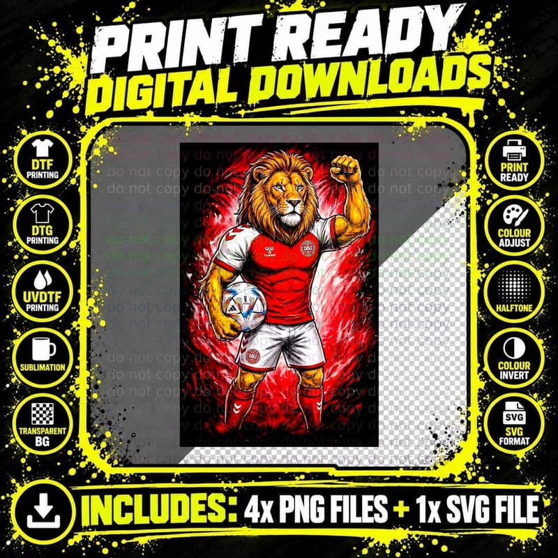 Lion Footballer Red-White Denmark Kit Dbu Badge Fist Png SVG Digital Bundle