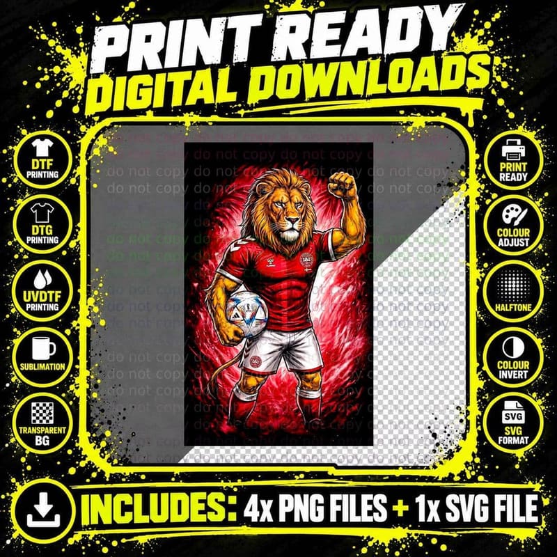 Lion Footballer Red-White Denmark Kit Fist Raised Png SVG Digital Bundle
